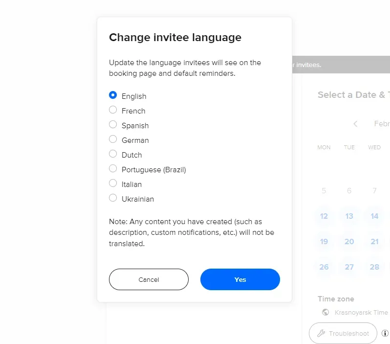Команды и меню на английском языке в Calendly