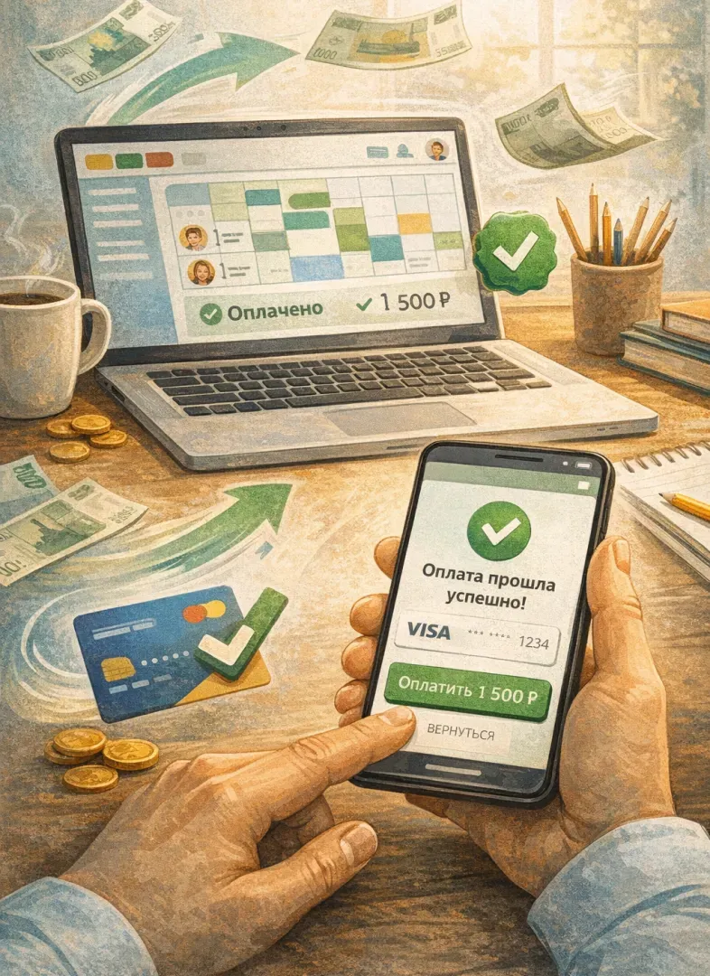 Когда оплата проходит автоматически, репетитор не считает «долги», не тратит время на расчеты и не теряет оплаты