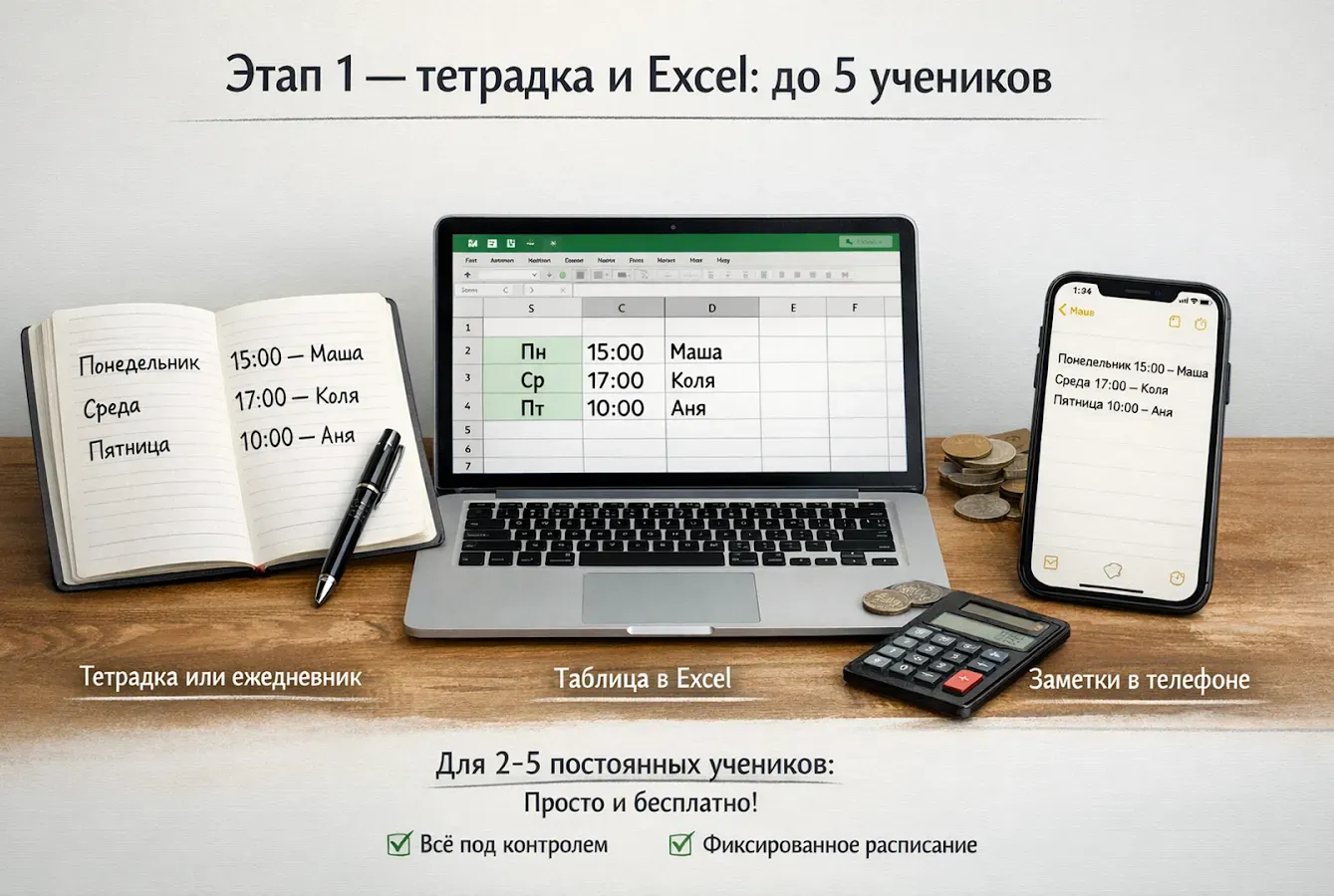 Пока учеников мало, ежедневники, таблицы и заметки помогают вести расписание