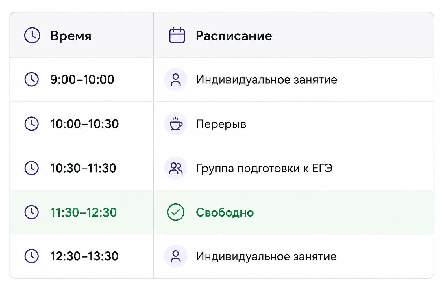 В этом случае для новой записи доступен слот с 11:30 до 12:30. Родителю не нужно видеть, с кем преподаватель занимается до или после: в форме записи отображается только свободное время