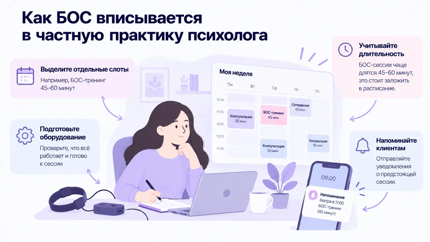 БОС-тренинг можно вынести в отдельную услугу и заранее заложить под него нужные интервалы в расписании